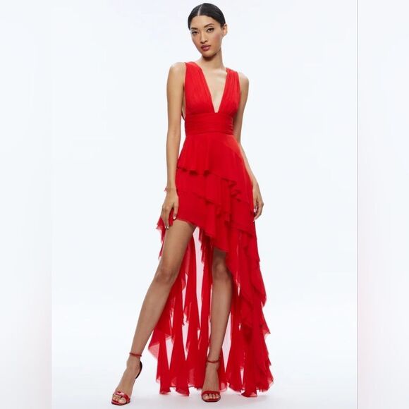 NWOT ALICE + OLIVIA Holly Low Neck Asymmetric Maxi Ruffle Dress Red Sz 6 - Picture 5 of 8